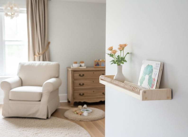 May include: A light wood floating shelf with a decorative wooden dowel edge, holding a white vase with orange flowers and a children's book. The shelf is mounted on a white wall in a nursery setting.