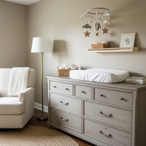 May include: A nursery room with a light gray dresser, a white armchair, and a floor lamp. A changing pad sits atop the dresser. A mobile with clouds, stars, and hot air balloons hangs from the ceiling. A small shelf holds a basket and a framed picture.