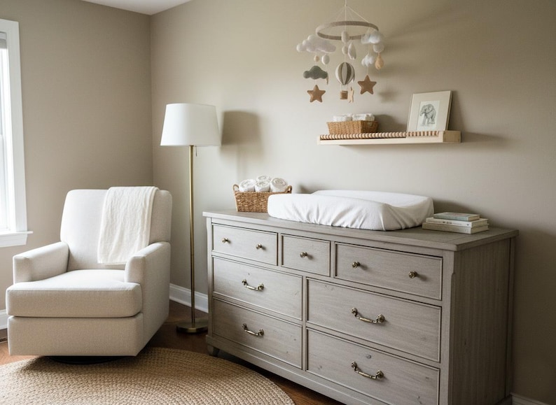 May include: A nursery room with a light gray dresser, a white armchair, and a floor lamp. A changing pad sits atop the dresser. A mobile with clouds, stars, and hot air balloons hangs from the ceiling. A small shelf holds a basket and a framed picture.