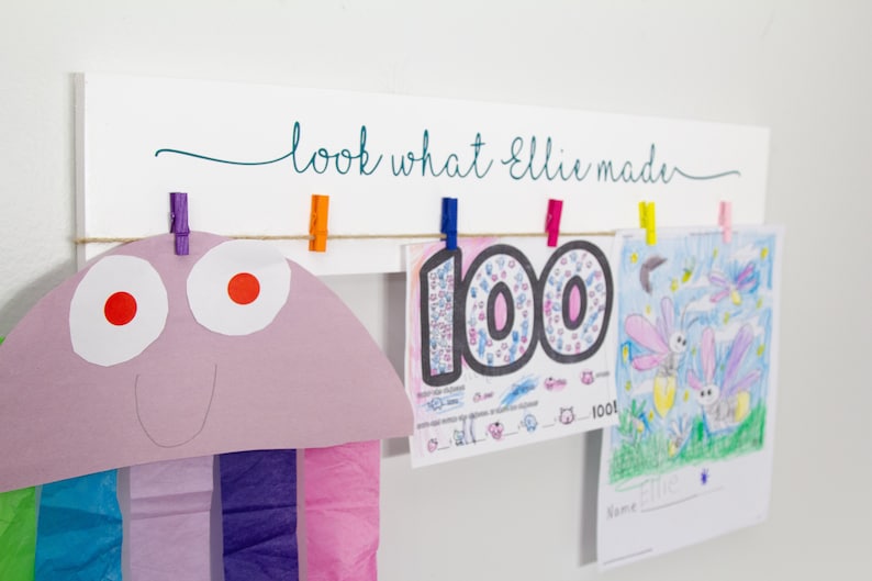 Personalized sign that says Look what I made is a way to display kids artwork