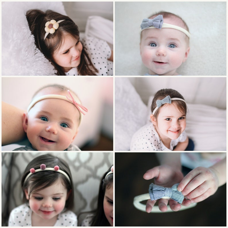 Pu&ograve; includere: Un collage di quattro immagini che mostrano bambini che indossano diverse fasce per capelli. Le fasce sono realizzate in elastico e presentano diversi colori e design, tra cui un fiore, un fiocco e dei pon pon.