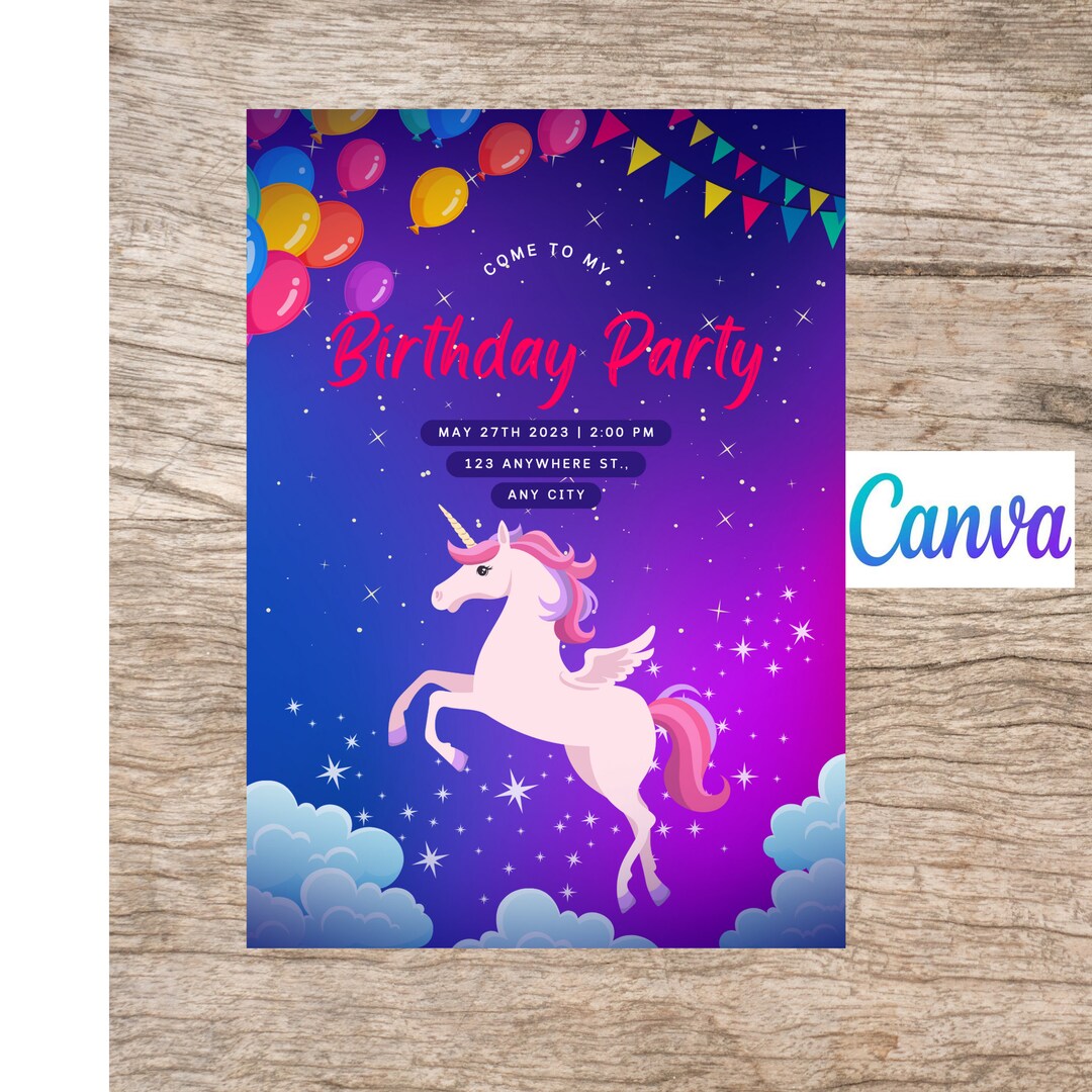 Digital Unicorn Party Invitation.birthday Party Invite. Canva Template.print Email Sms Evite