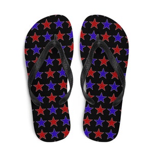 Patriotic Flip Flops: Red & Blue Sparkly Stars, USA Holiday Slippers