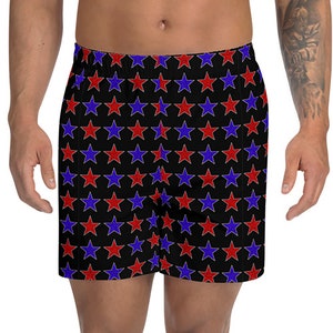 USA Holiday Mens Long Shorts: Red/Blue Stars Athletic Swim Trunks
