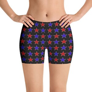 USA Holiday Shorts for Women, Sparkly blue and red stars, Patriotic shorts, USA American athletic shorts, patriots holiday yoga shorts.