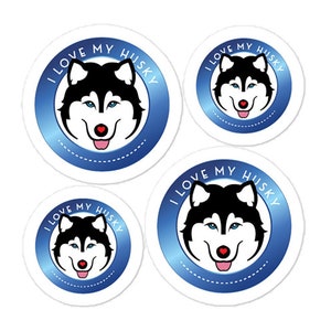 Husky Stickers Zwart/Wit, blauwe ogen, vinyl bubbelvrije stickers. Ik hou van mijn husky! Velformaat 3x3, 4x4, 5x5. Eenvoudig aan te brengen.
