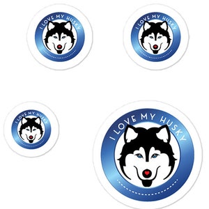 Husky vinyl stickers. Zwart/wit blauwe ogen. Bubbelvrije kiss cut stickers. Ik hou van mijn husky! Maten 3x3, 4x4 of 5x5 stickers. Eenvoudig aan te brengen.