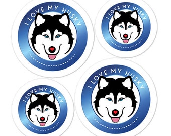 May include: Four blue and white circular stickers with the text "I Love My Husky" and a cartoon husky dog face.