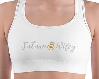 Future Wifey Bachelorette Party gorgeous white Sports Bra with gold engagement ring graphic design. For the Bride-to-Be.