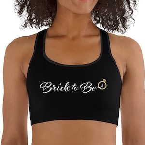 BRIDE TO BE Black Sports Bra gold heart. Bridal Sports Top, Workout Outfit, Gift for Bride, Wedding Party, Bachelorette Party Photoshoots.