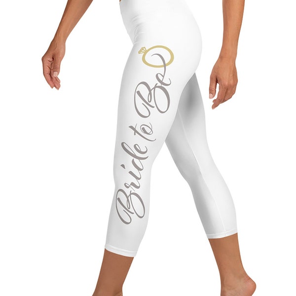 Bride to Be White Yoga Capri leggings/inside pocket/gold wedding ring. Bridal yoga pants, Gym Outfit, Shower gift, Bachelorette Photoshoots.