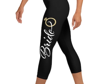 Bride Black Yoga Capri leggings, inside pocket, gold wedding ring, Workout Outfit, Shower gift, Bachelorette Photoshoots. White available.