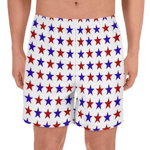 Mens USA Holiday Long Shorts: Red/Blue Stars, Patriotic Swim Trunks