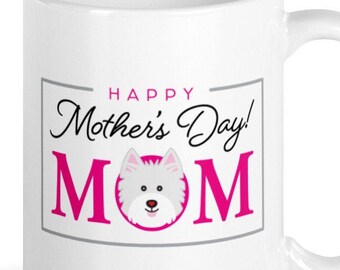 Westie Happy Mother’s Day Coffee Mug gift. 15oz White west highland terrier with a pink heart on its nose. Order Today for Mother's Day!
