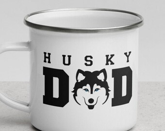 Husky Dog Dad camping mug, Fathers Day Gift. Enamel Mug. Siberian Husky, Black and White, Blue Eyes. Dog Dad Mug, Dog lovers mug gift