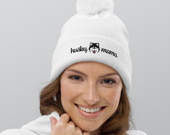 Embroidered Husky Mama Pom Pom Beanie. Soft, cozy and warm hat. Great Gift for husky moms, snow dog hat, double layer knit acrylic beanie.