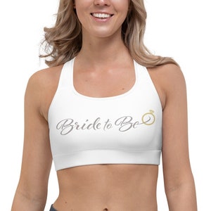 BRIDE TO BE White Sports Bra gold heart. Bridal Sports Top, Gym Workout Outfit, Gift for Bride, Wedding, Bachelorette Party Photoshoots.
