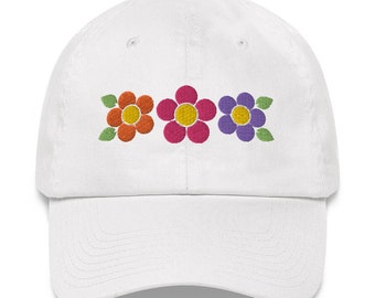 Daisy Flower Hat. Vintage flower power design, puff embroidered, cotton, adjustable strap, beautiful vibrant colors.
