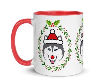 Husky Christmas Mug: Gray & White Dog with Santa Hat