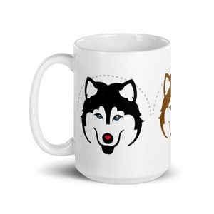 Siberian Husky Coffee Mug. 15 oz Black white husky blue eyes, red husky brown eyes, gray husky one blue one brown eye. Dog mom dad gift.