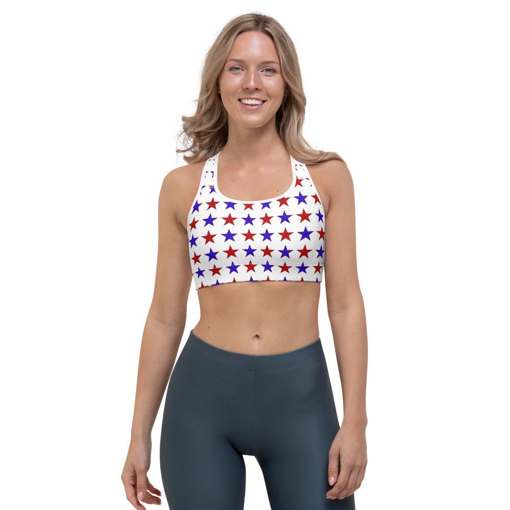 Red White and Blue Striped Horse Bits Pattern Sports Bra - The