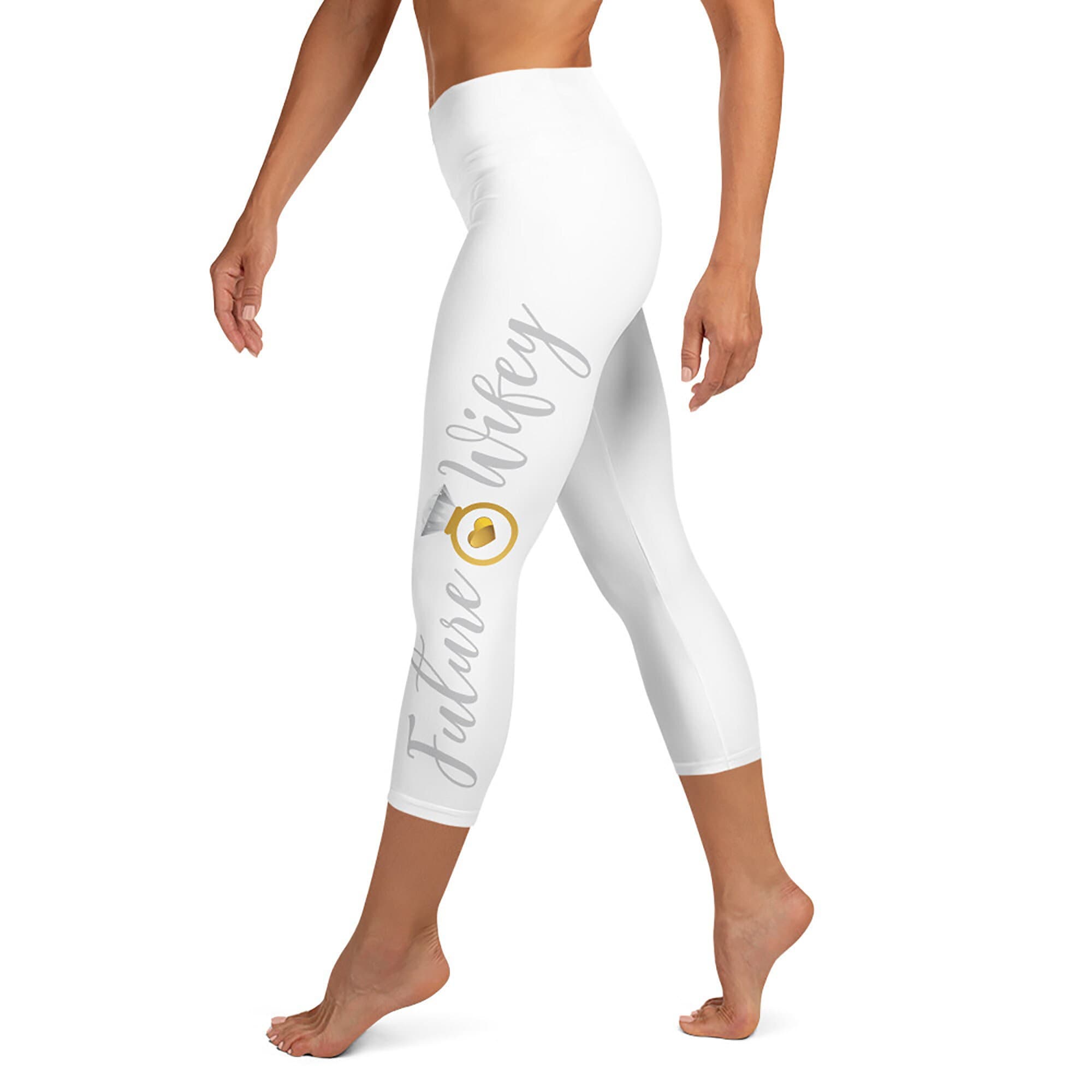 Future Wifey Yoga Capri white stretch leggings with engagement ring graphic embellishment. For the Bride-to-Be. Yoga Capri Leggings