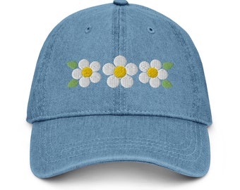 Embroidered Daisy Flower Denim Hat: Adjustable Cotton Cap