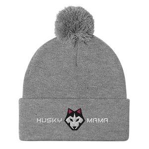 Embroidered Husky Mama Pom Pom Beanie: Acrylic Knit Winter Hat