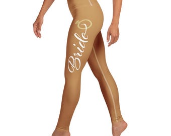 Bride Nude Brown Yoga Leggings, white lettering/gold engagement ring/polyester/quality breathable fabric/bridal shower/matching sports bra