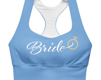 Bride Dusty Blue Longline Sports Bra, white lettering/gold engagement ring/polyester/elastine/removeable pads/bridal shower/bachelorette.