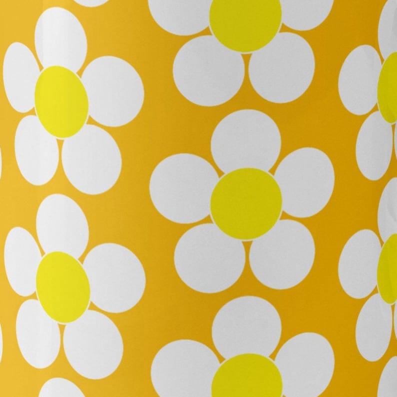 May include: A seamless pattern of white daisies with yellow centers on a bright orange background.