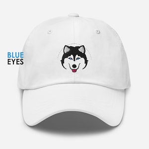 Siberian Husky Dog Hat, Black/White, BLUE Eyes, PINK tongue, Husky face. Embroidered HUSKYLIFE on back. Dog mom & Dog Dad Gift. Order today!