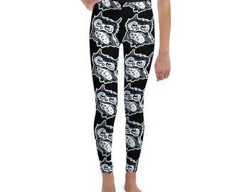 Owl Yoga Leggings: Youth Size, Black and White, Four-Way Stretch