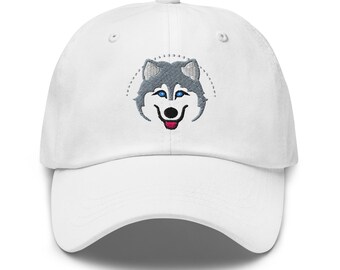 Siberian Husky Dad Hat: Blue Eyes, Pink Tongue - Adjustable Strap