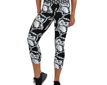 Owl Print Yoga Capris: Black & White, High Waist - Earth and Owl