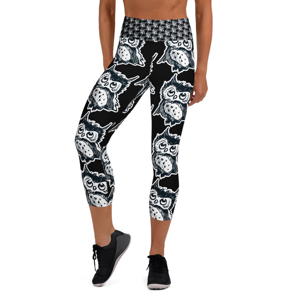 Owl Print Yoga Capris: Black & White, High Waist - Earth and Owl