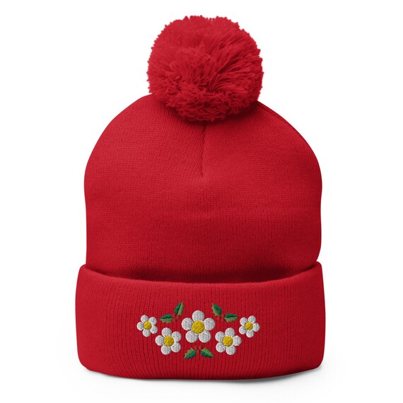 Embroidered Christmas Daisy Pom-pom Beanie: Holly Berry Knit  display picture 2