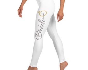 Bride White Yoga Leggings: Gold Ring Detail, Bachelorette Workout