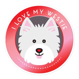 Westie hond vinyl sticker. Ik hou van mijn Westie! Maten: 3x3, 4x4 of 5x5. Eenvoudig aan te brengen binnensticker, bubbelvrij. Bestel de jouwe vandaag nog!