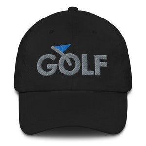 May include: Black baseball cap with a gray embroidered golf club and the word "GOLF" in gray.