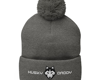 Embroidered Siberian Husky Daddy Pom Pom Beanie