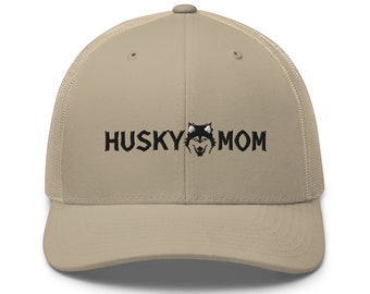 Embroidered Husky Mom Khaki Trucker hat, plastic adjustable strap, mesh back. Black/White Siberian Husky Mom gift for her. Husky dog lovers.