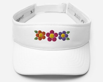 Embroidered Daisy Visor. Orange, Pink, Purple Daisies yellow center, green leaves. Summer sun protection, gardening hat. Black, Navy, White.