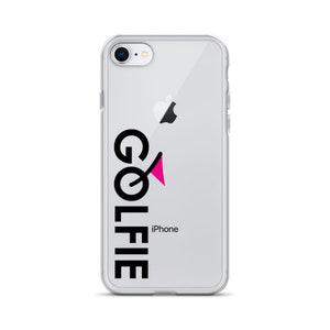 Funda transparente para iPhone de la marca GOLFIE con letras negras y un pin de bandera rosa. ¡Es un gran regalo de golf para los golfistas! ¡Haga clic y ordene el suyo hoy!