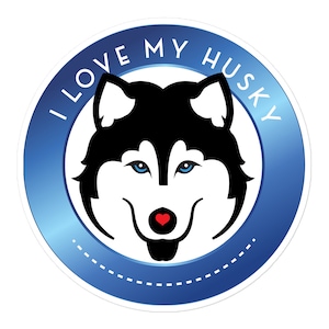 Husky hond vinyl sticker. Bubbelvrije kiss cut stickers. Ik hou van mijn husky! Maten: 3x3, 4x4 of 5x5. Eenvoudig aan te brengen, kersthondenliefhebbers cadeau