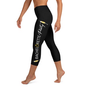 Bachelorette Party Yoga Capri stretch black leggings with champagne toasting flutes. Bachelorette Leggings, Bridal Pants Workout.