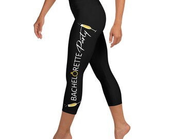 Bachelorette Party Yoga Capri stretch black leggings with champagne toasting flutes. Bachelorette Leggings, Bridal Pants Workout.