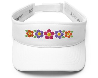 Daisy Flower Ladies Visor. White, Black or Navy.   Orange, Purple, Pink daisies. Vintage, puff embroidery, adjustable strap. Gifts for her.