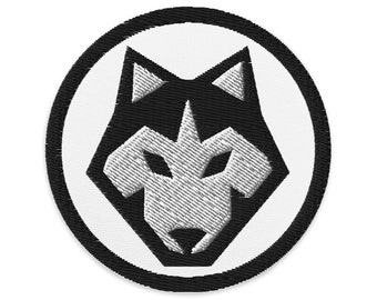 Embroidered Black and White Husky Face 3 inch diameter, Patch, iron on, sew on. Heat resilient, black or white background embroidery patch.