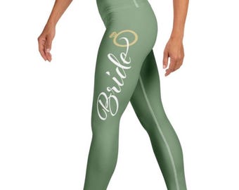 Bride Sage Green Yoga Leggings: Gold Ring Detail, Bridal Shower